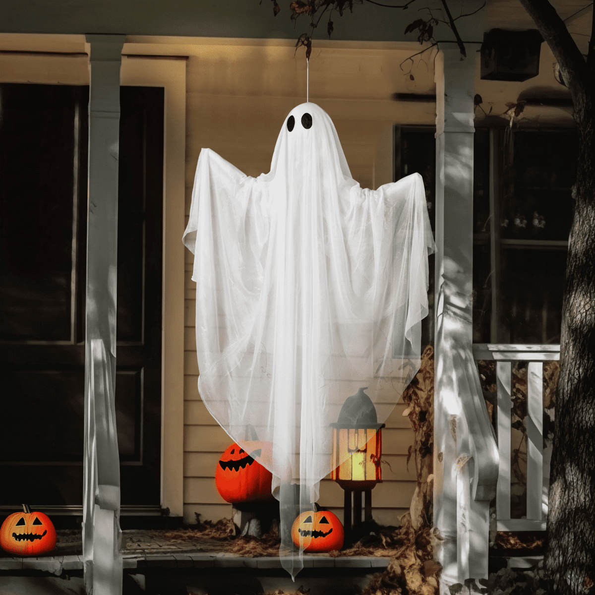Joyfy 47inch Halloween Decorations Outdoor Hanging Ghost,Light up White Ghosts with Spooky Warm White LED Light,Halloween Outdoor Yard Porch Decorations,Haunted House Decorations