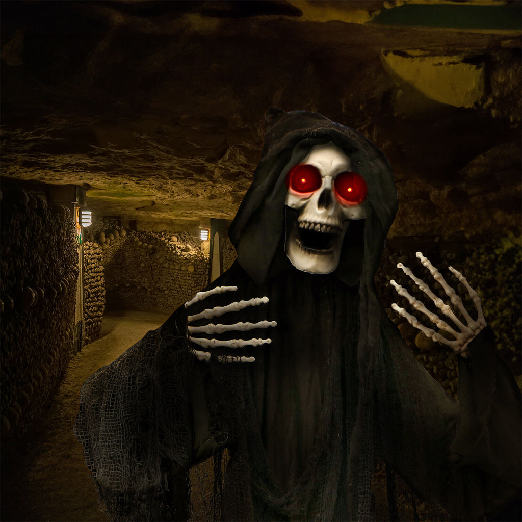 Haunted Hill Farm 5 ft Life-Size Animated Grim Reaper Prop w/ Chain and Rotating Head for Indoor or Outdoor Halloween Decoration, Battery-Operated