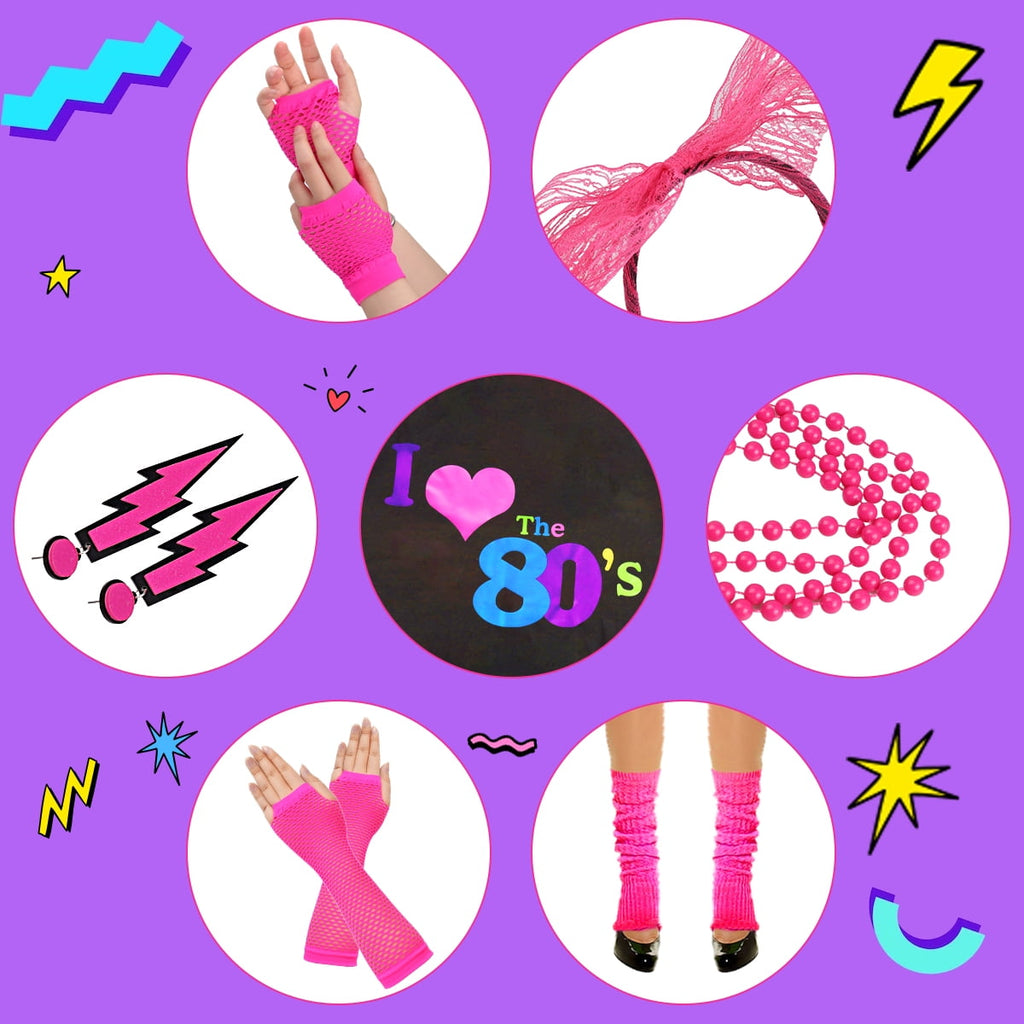 80s Costume for Women,80's Off Shoulder T-Shirt Headband Earring Necklace Fishnet Gloves Legwarmers for Women 80s outfit for 80s Party 22PCS