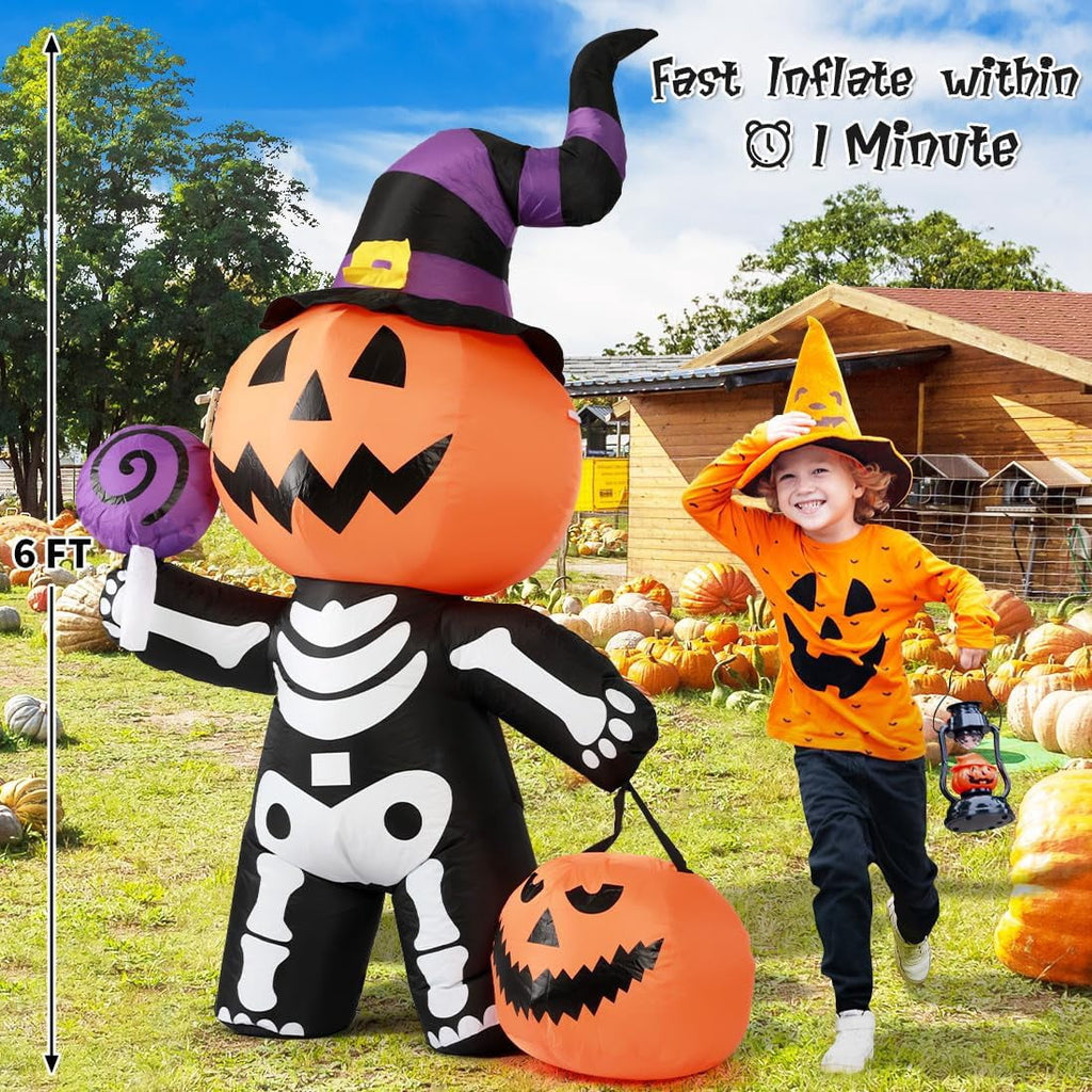 GOOSH Halloween Inflatables 6 FT Halloween Pumpkin Inflatable with Skull Body, Scary Blow Up Halloween Pumpkin Decoration with LED Lights, Outdoor Halloween Decorations Clearance for Holiday Party