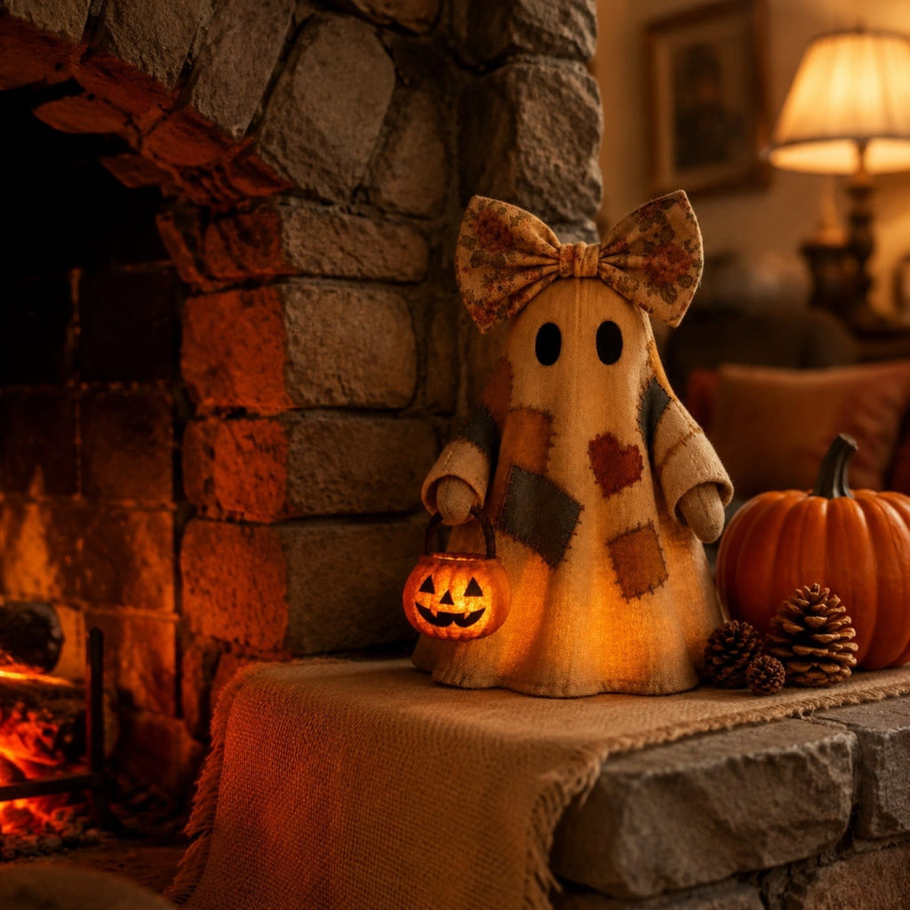 Lighted Vintage Patchwork Ghost, Rustic Farmhouse Halloween LED Light Up Ghost with Pumpkin Lantern, Spooky Cute Fall Decor for Mantel, Shelf, Tiered Tray, Entryway Porch Tabletop