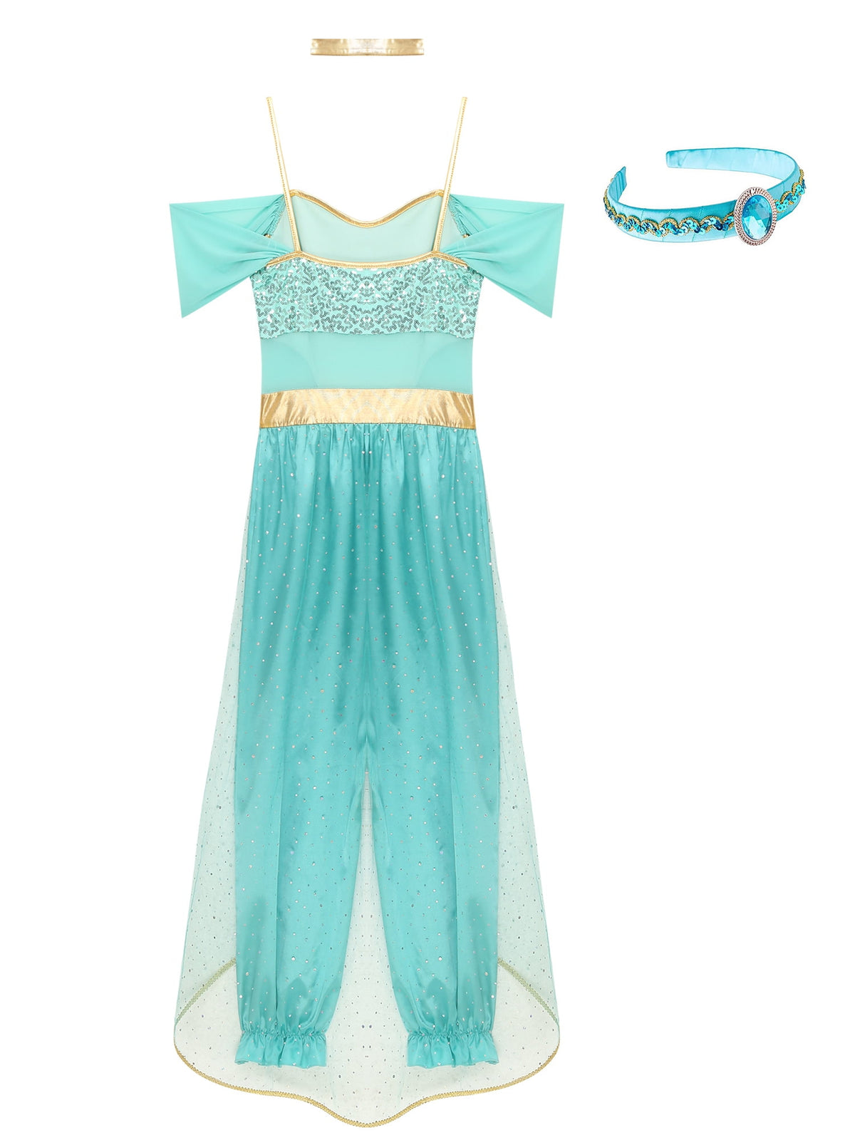 YiZYiF Women's Arabian Princess Dance Costume Halloween Party Fancy Dress Shiny Belly Dance Jumpsuit Turquoise B 4XL