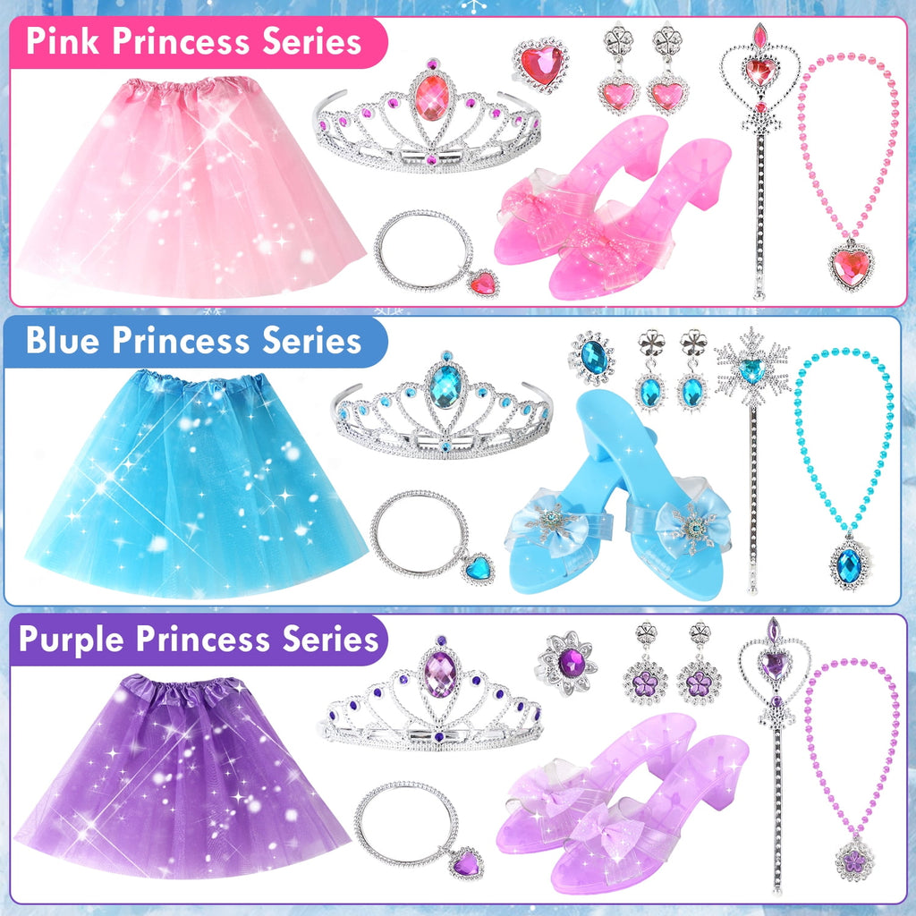 Princess Dress Up Toddler Girl Toys, Dress Up for Girls 3 4 5 6 Year Old, Princess Toys for Toddler, Upgraded with 3 Sets, Include Jewelry, Crown, Shoes, Princess Wand...Birthday Gift