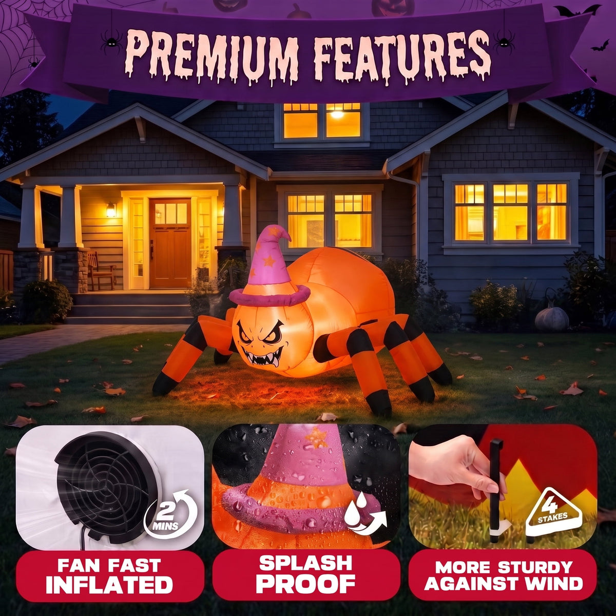 Glazina 6 FT Halloween Inflatable Pumpkin Spider with Witch Hat, Built-In LED Lights, Outdoor Halloween Blow Up Yard Decoration
