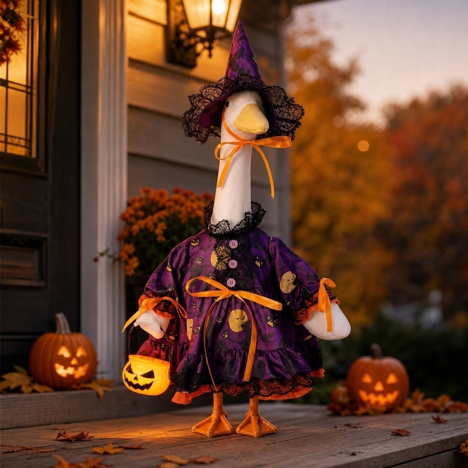 Bat Witch Hat Spiderweb Halloween Goose Clothes Fit 17/23In Cement Plastic Lawn Goose, Stylish Full Set for Outdoor Yard Patio Garden Seasonal Halloween Home Ornamental Arrangement