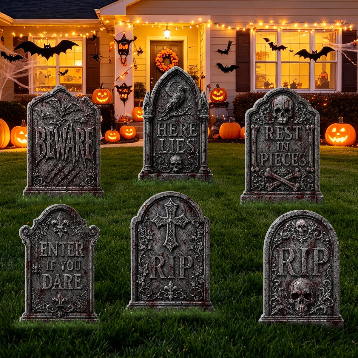 Yalumo Halloween Tombstone Decorations Outdoor, 6 PCS 17" Graveyard Tombstones with Stakes for Lawn Garden Cemetery Halloween Party Decor