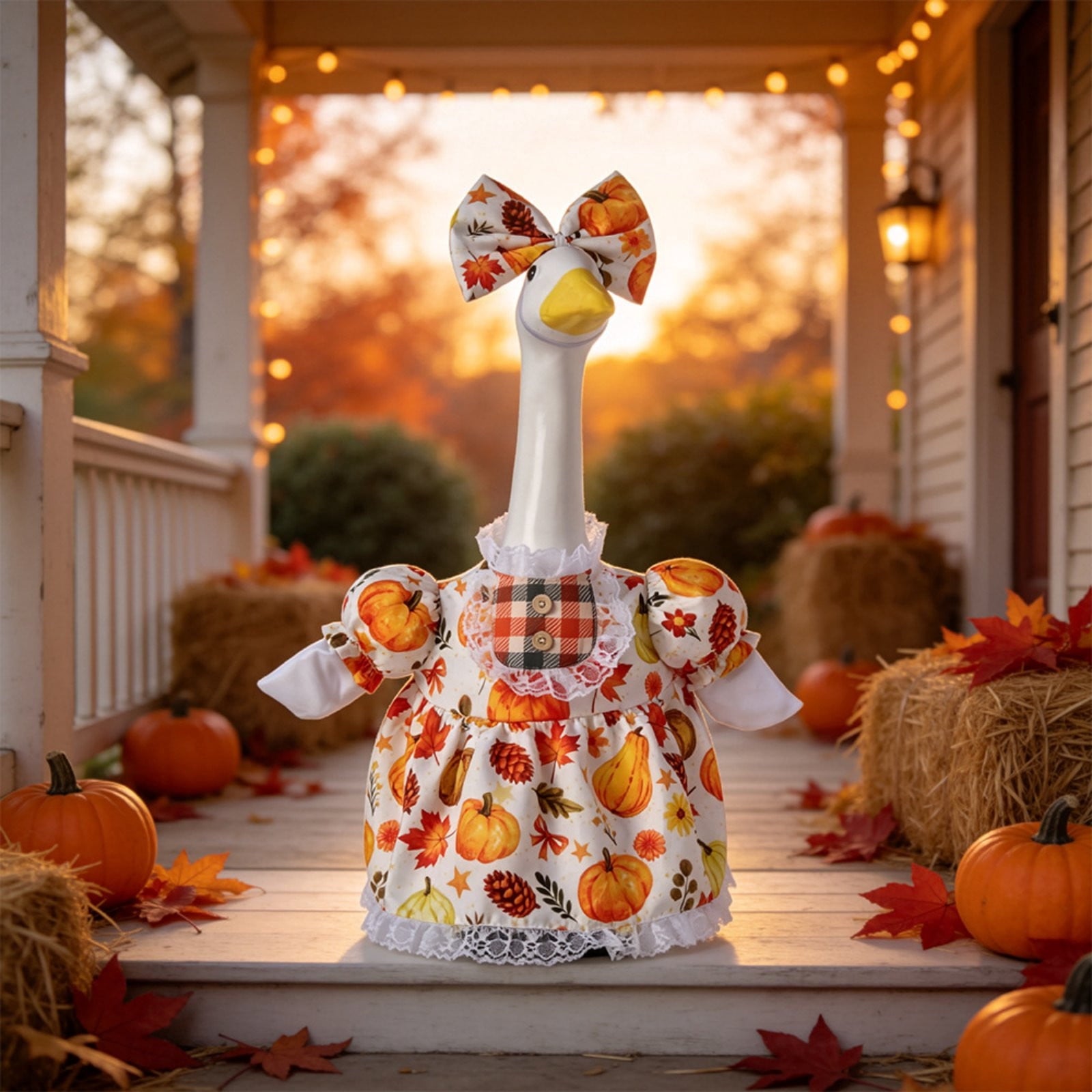 Thanksgiving Harvest Outfit for 23" Porch Goose, Goose Fall Theme Dress in White&Orange with Headwear Fall Harvest Decor for 23" Goose Outdoor Patio Yard Lawn Decoration