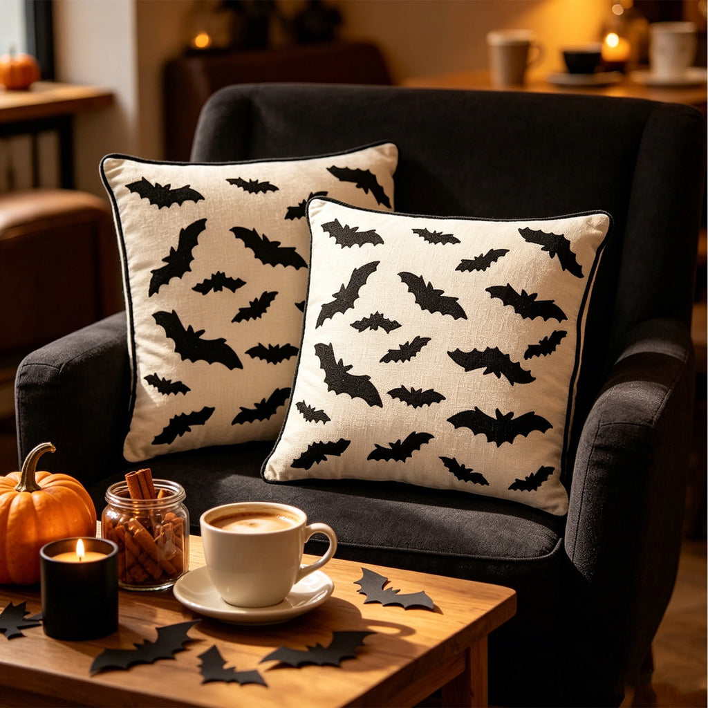 Yeciiwht Halloween Throw Pillow Cover – 18*18inch Embroidered Linen Cushion Case with Ghost, Mummy & Bat Designs, Invisible Zipper, Machine Washable