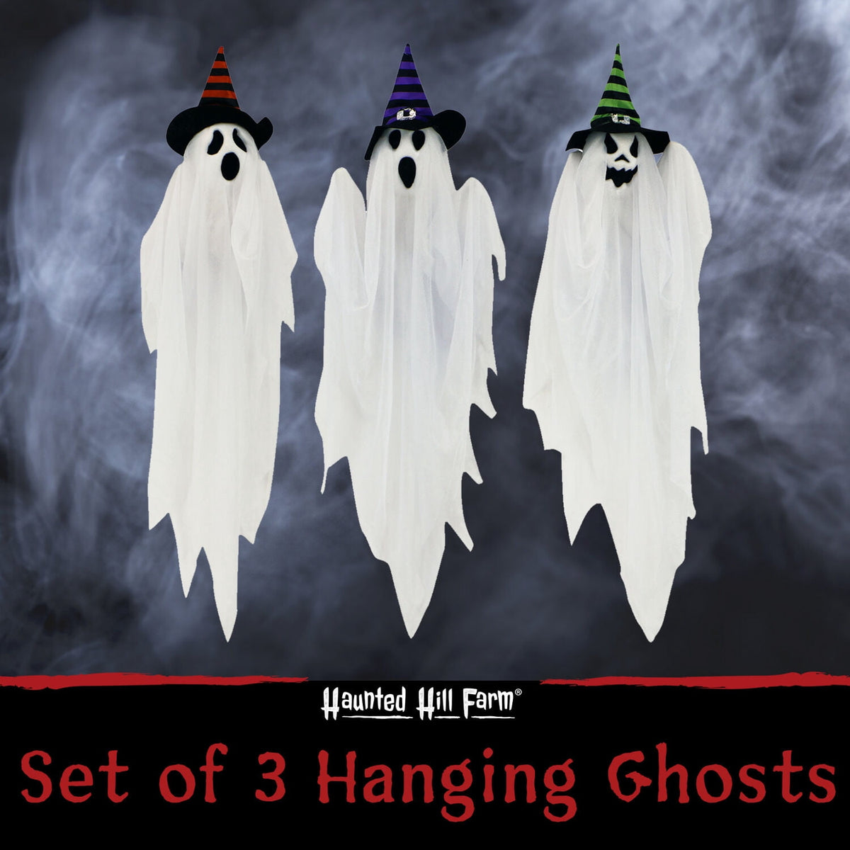 Haunted Hill Farm Set of 3 Hanging Ghosts, Indoor/Outdoor Halloween Decoration, HHGHST-8H