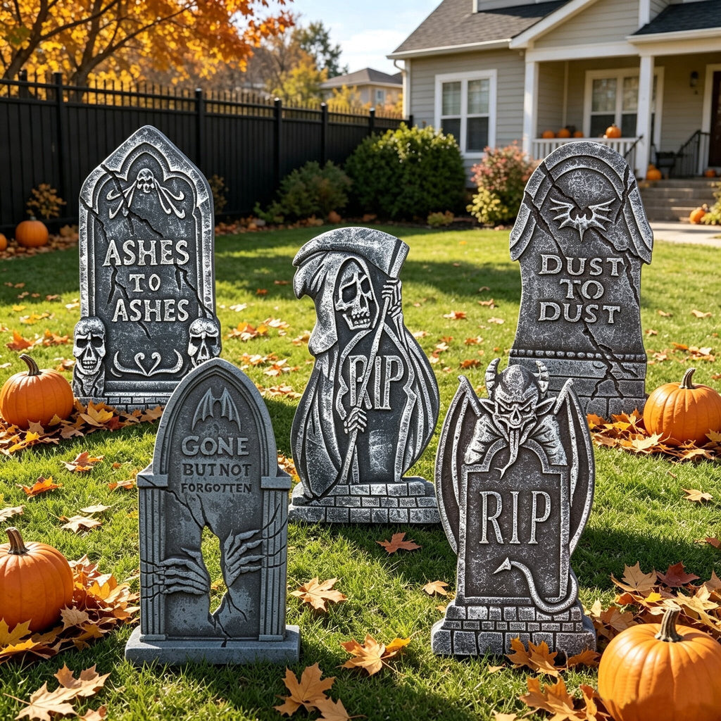 Coolmade 17 Inch Halloween Tombstones, 5 Pack Foam Yard Decor with Stakes, Gray Outdoor Graveyard Headstones