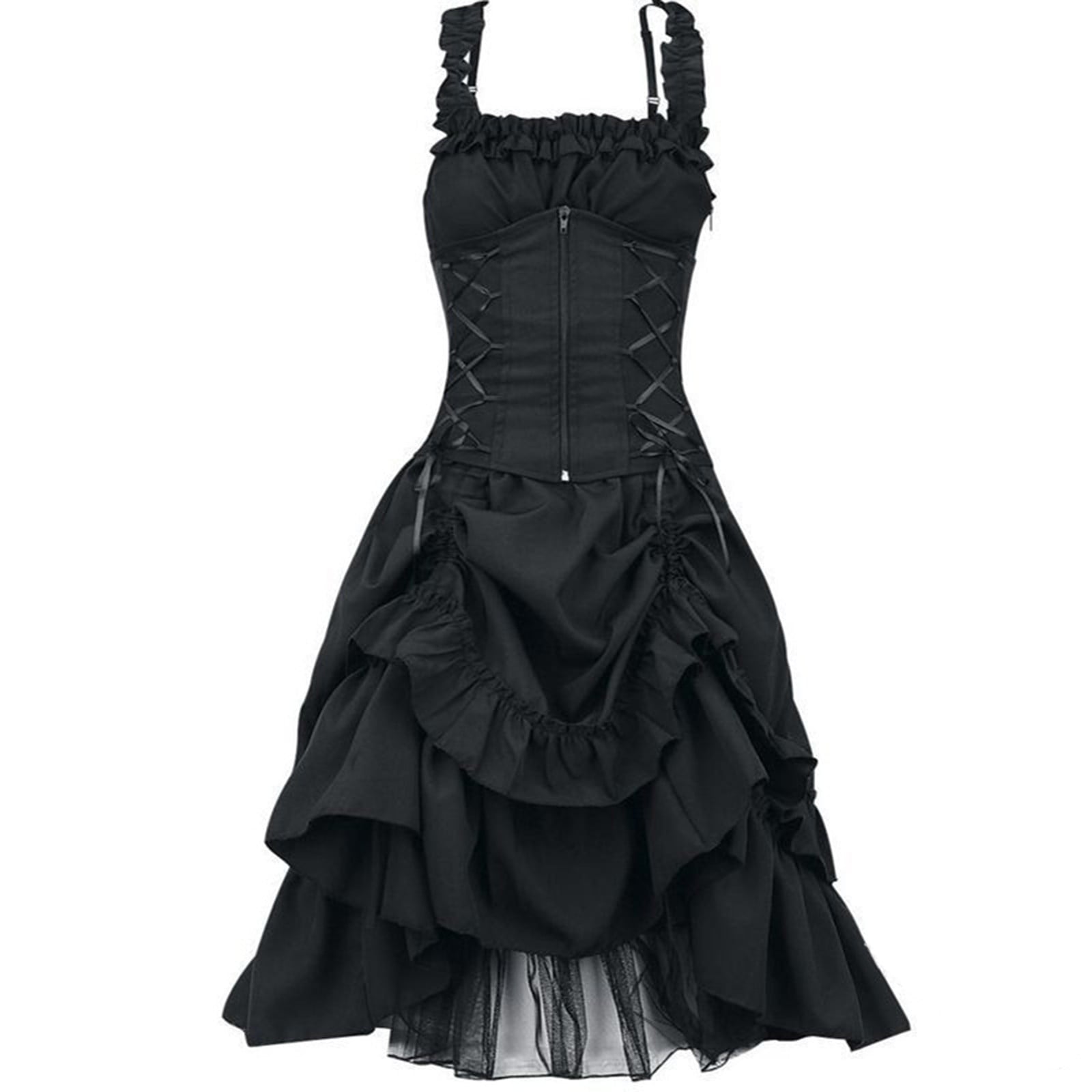 UPPADA Halloween Costumes For Womens Sleeveless Irregular Gothic Dress Ruffle Steampunk Dress Corset Square Neck Layers Dress