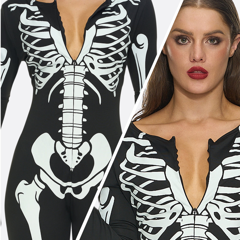 Joyfy Glow in the Dark Skeleton Costume for Adults Women Halloween Dress Up Party Role Playing Cosplay