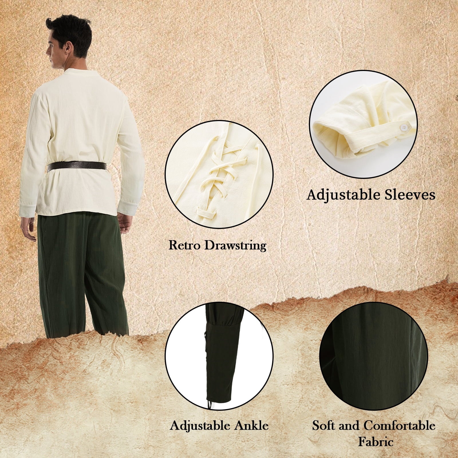 WASFDN 5 Pcs Men's Renaissance Costume Medieval Pirate Shirt Ankle Banded Pants Viking Costume Accessories Set,Style 2,M