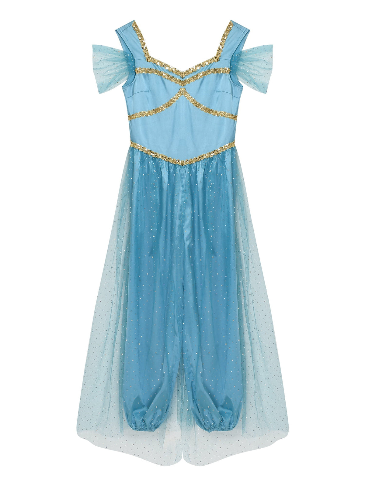 Aislor Women Halloween Arabian Princess Cosplay Costume Sequins Belly Dance Romper Jumpsuit Fancy Dress Lake Blue L