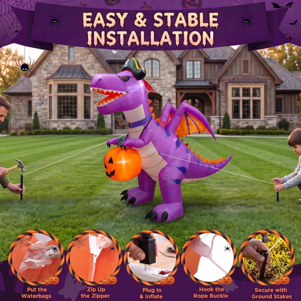 Glazina 8.2 FT Halloween Inflatable Purple Pirate Dinosaur with Pumpkin, Built-In LED Lights, Outdoor Halloween Blow Up Yard Decoration
