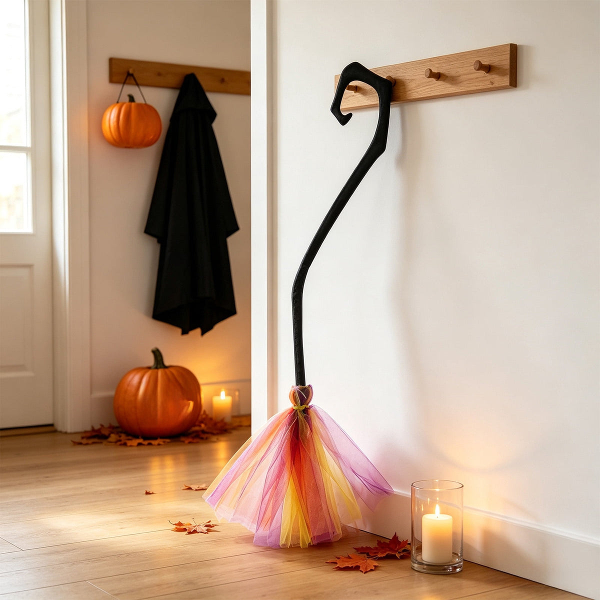 Halloween Witch Broom Cane with Ribbons, 38.2" Witches Broomstick for Wizard Costume Party, Photo Booth Accessory Stage Prop, Halloween Decoration, D