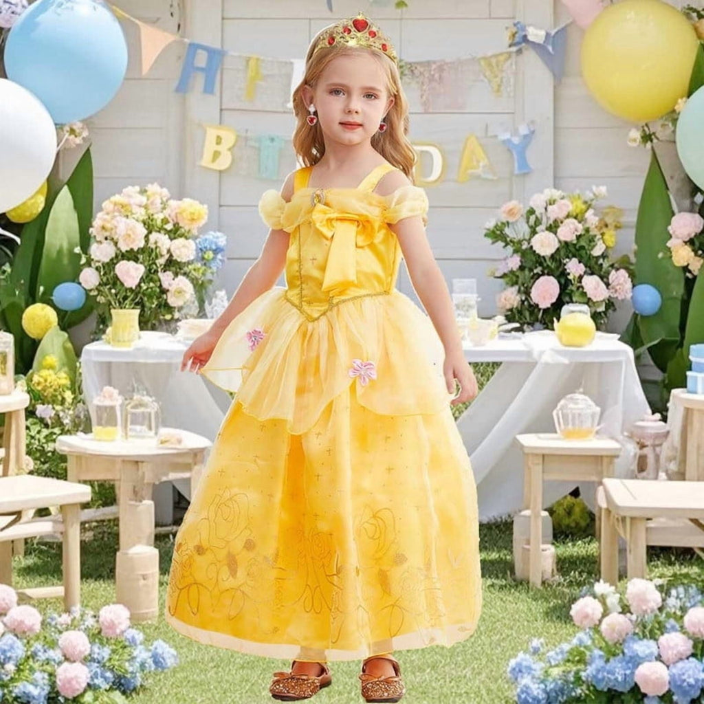 Jurebecia Princess Dress for Girls Costume Kids Off Shoulder Layered Toddler Halloween Cosplay Birthday Party Outfit up Yellow 120 cm 5-6 Years