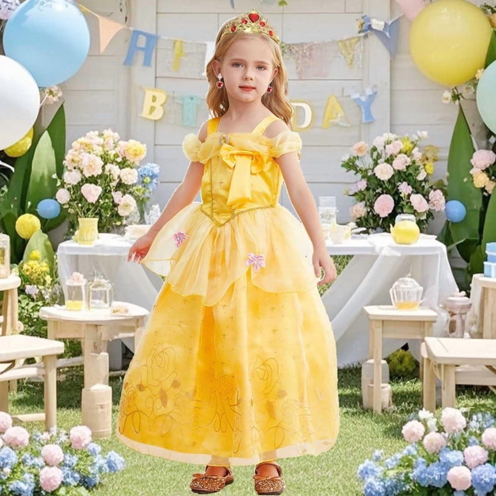 Jurebecia Princess Dress for Girls Costume Kids Off Shoulder Layered Toddler Halloween Cosplay Birthday Party Outfit up Yellow 120 cm 5-6 Years