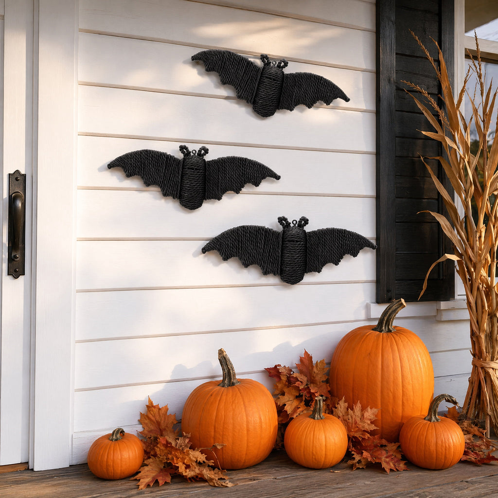 GoLucid Halloween Woven Bat Wall Decoration 3 Pack, Handcraft Rattan Bat Hanging Ornament Set 6.3" 7.48" 9.06", Indoor Outdoor Decor