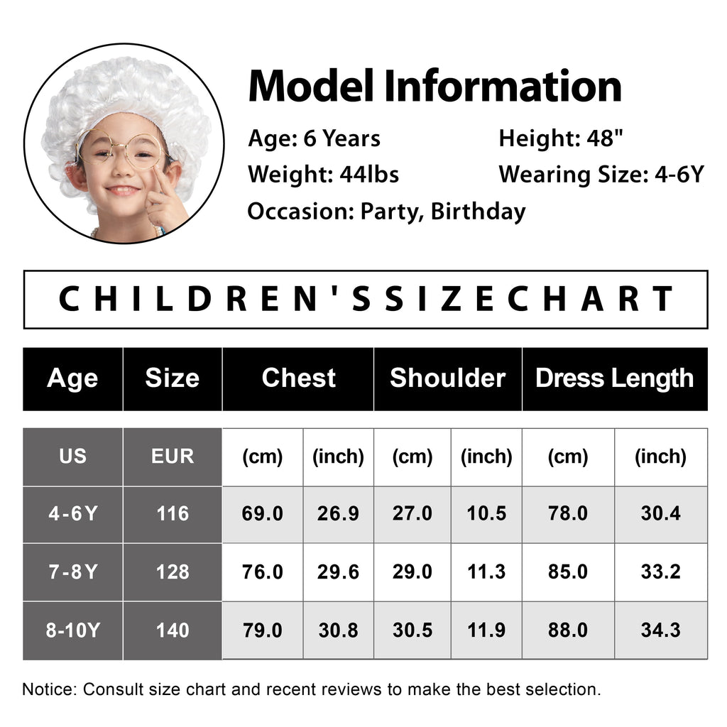 Girls Old Lady Costume, 100th Day of School 6 Pcs Dress Wig Accessories for Kids Granny Cosplay Blue 8-10Y