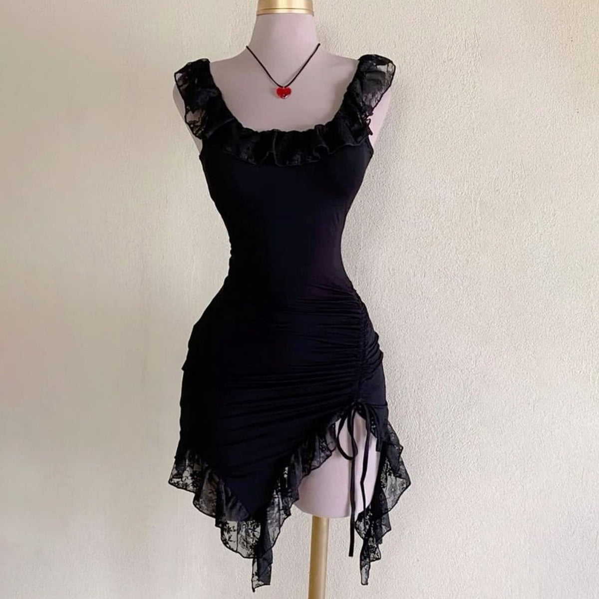 JOANKDMI Womens Dark Fairy Costume Ruched Dress with Lace Ruffle Trim for Chic Role Play Flirty Gothic Vampire Apparel for Halloween Party Dress Up Outfit Novelty Suit