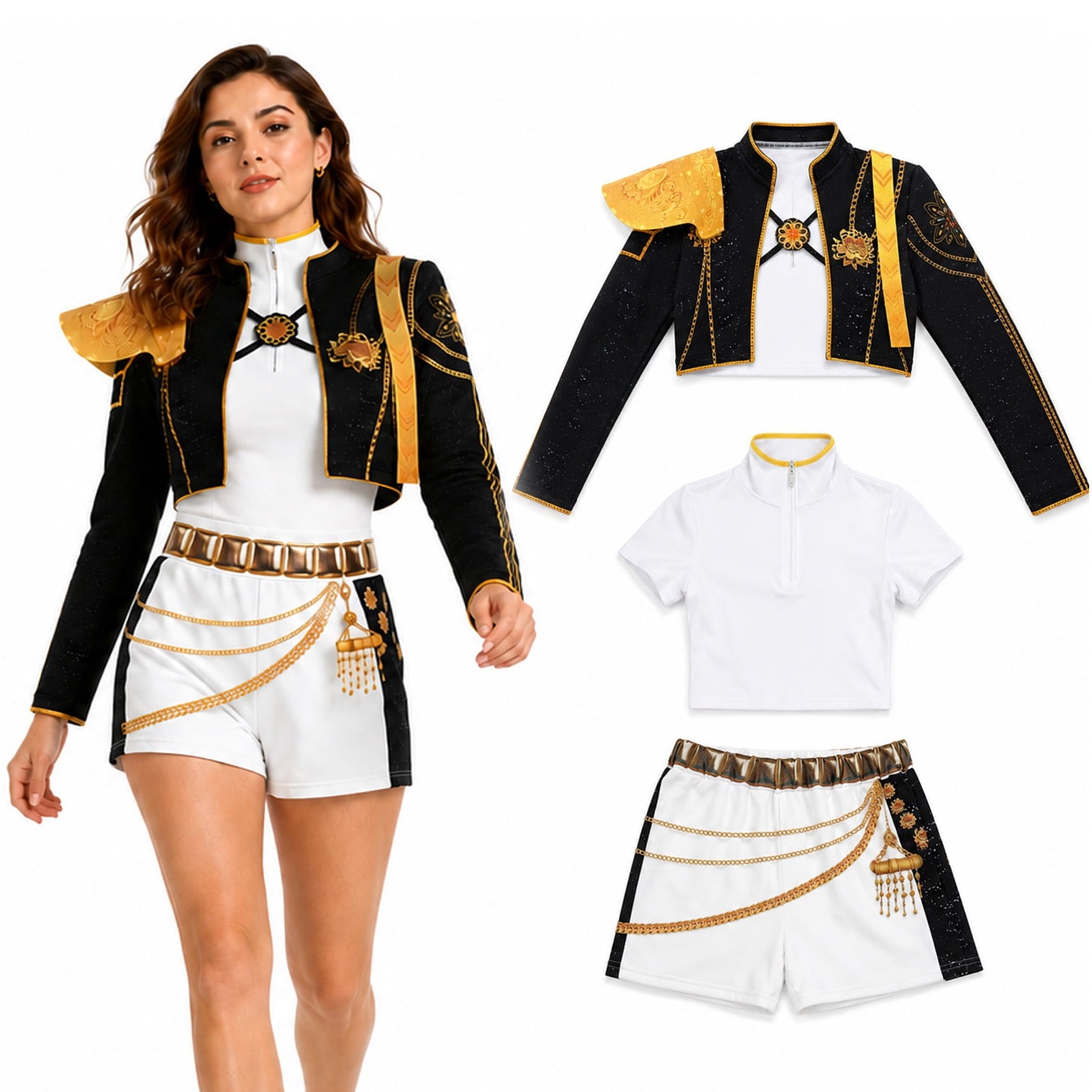 Pop Star Cosplay Costume for Women, Black Gold Military Jacket Shorts Set for Stage & Halloween Theme Party
