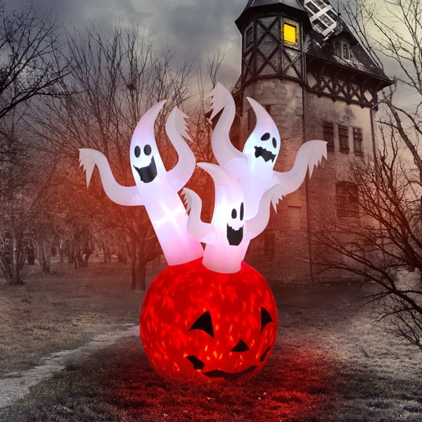 5.9FT Halloween Inflatable Pumpkin Ghost, Built-in LED Lights, Waterproof Polyester for Yard/Garden