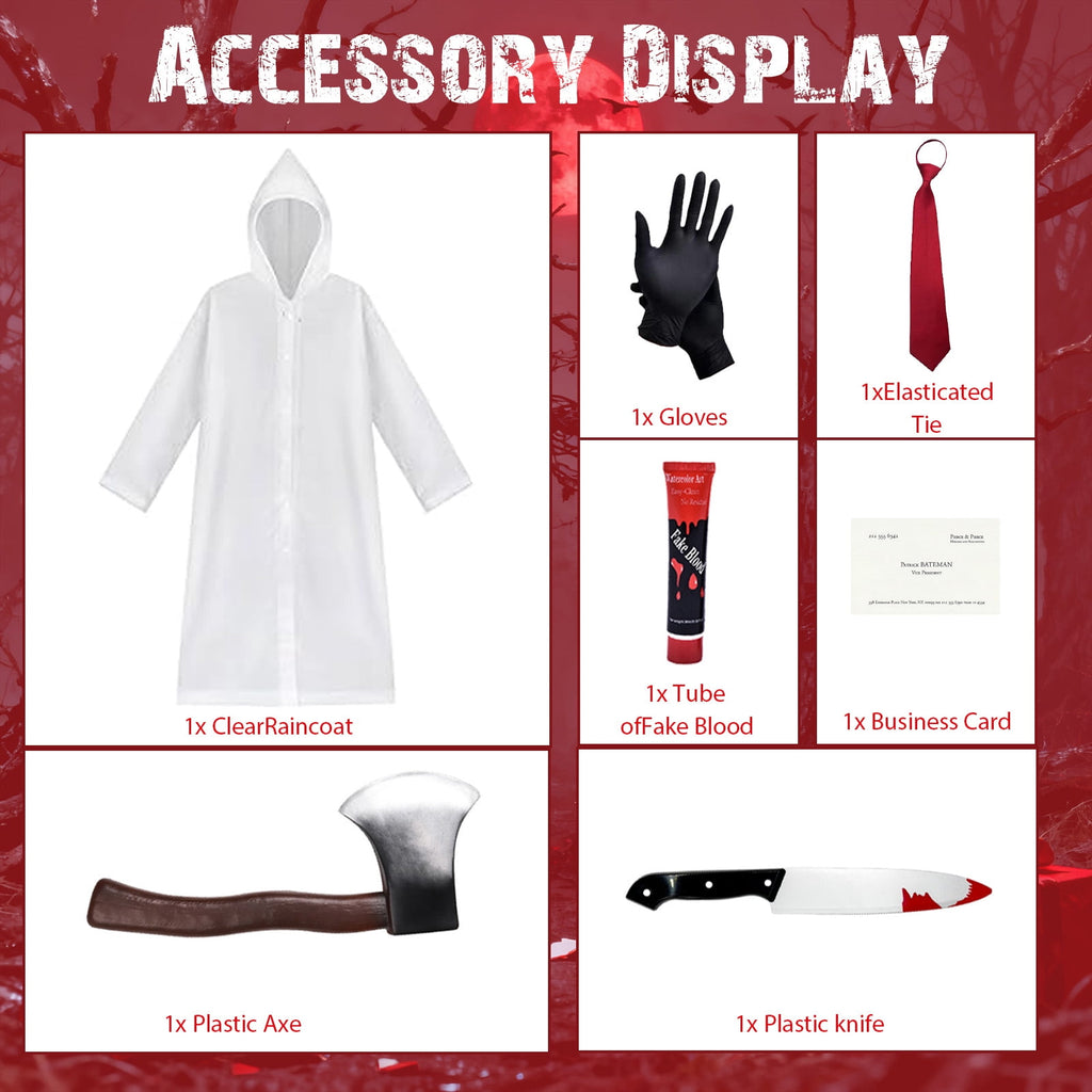 Alaiyaky 7pcs Adults Psycho Costume Transparent Raincoat, Red Tie, Adult Men Cosplay Props Mens Psycho American TV Film Character Halloween Fancy Dress Costume