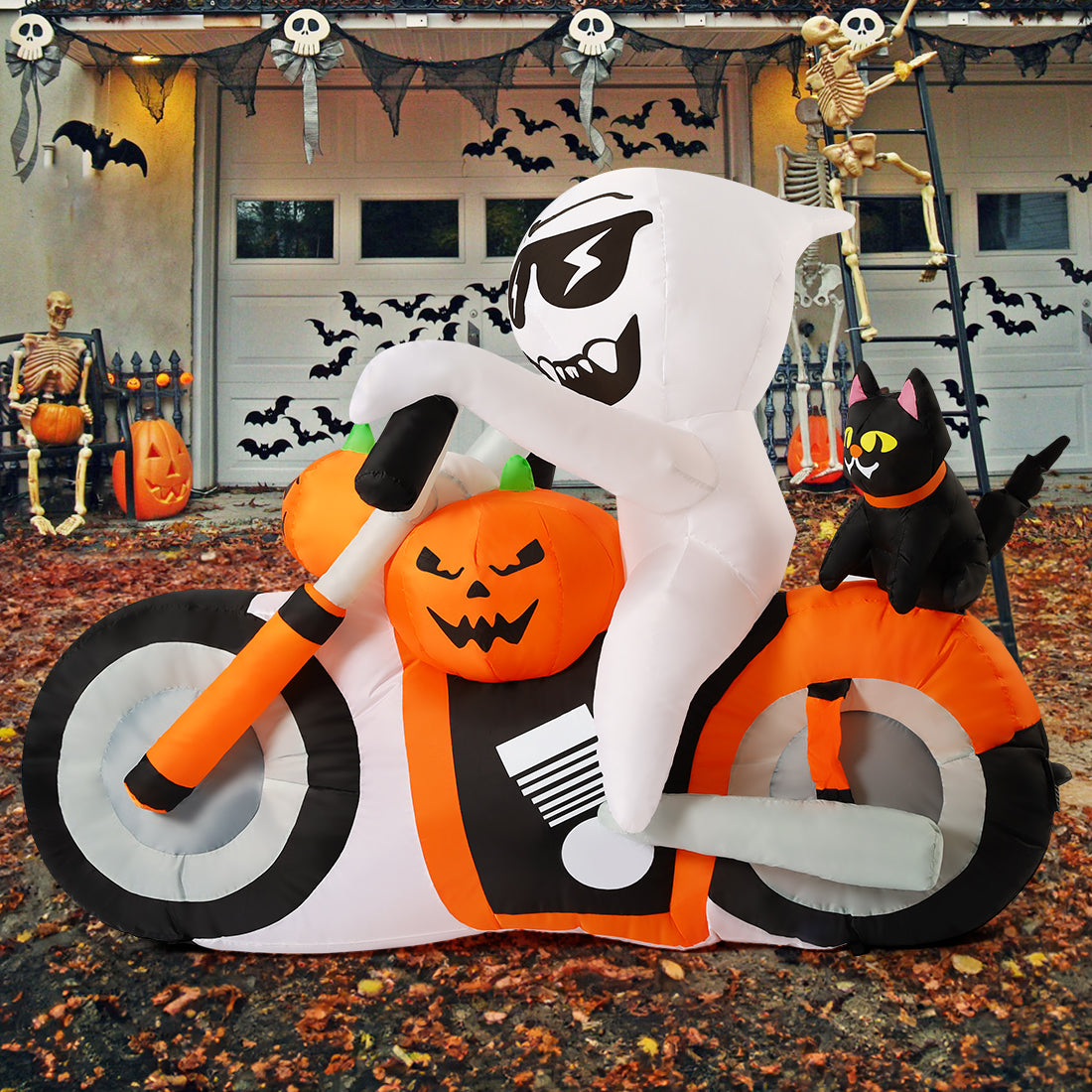 COMIN 6 FT Halloween Inflatables Ghost Outdoor Decorations Blow Up Yard Pumpkin Cat Motorcycle with Built-in LEDs for Indoor Party Garden Lawn Decor