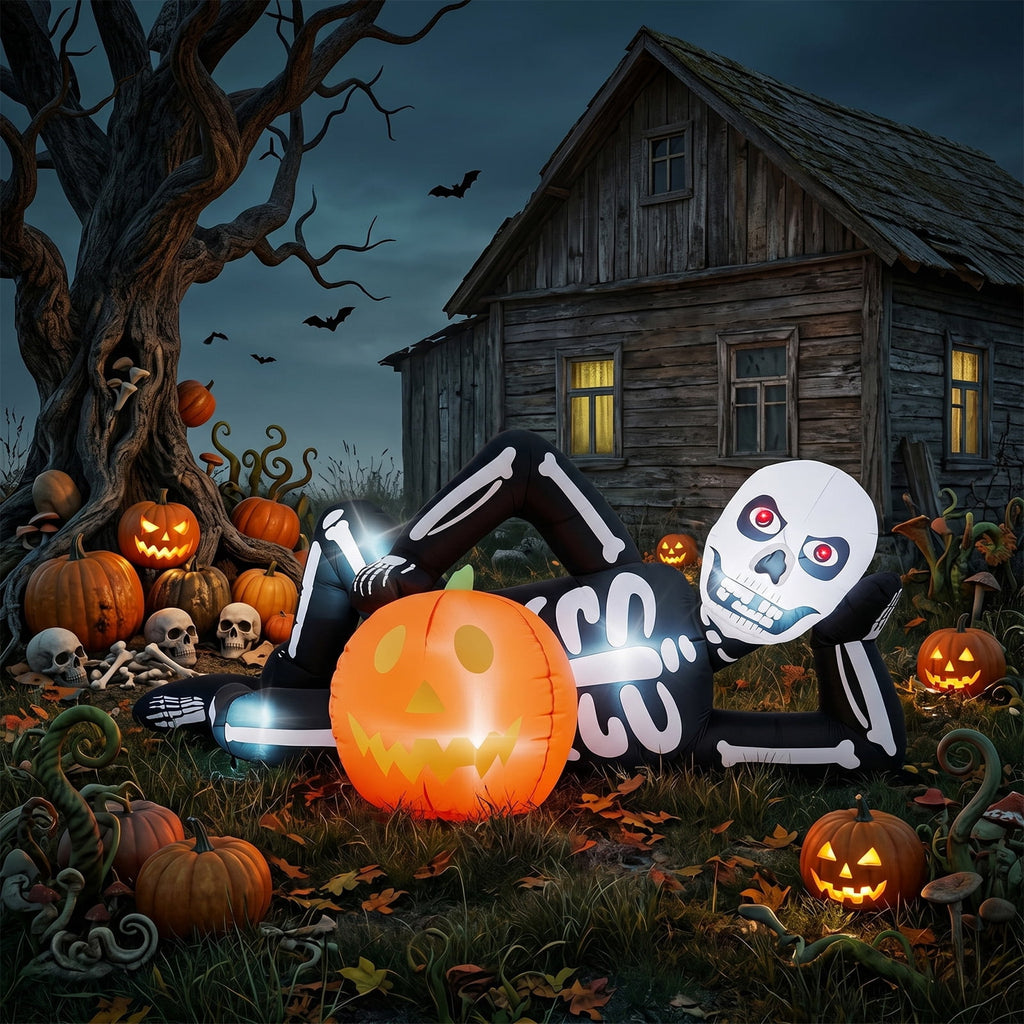 7ft Halloween Inflatable Lying Skeleton with 7 LED Lights for Lawn Decor