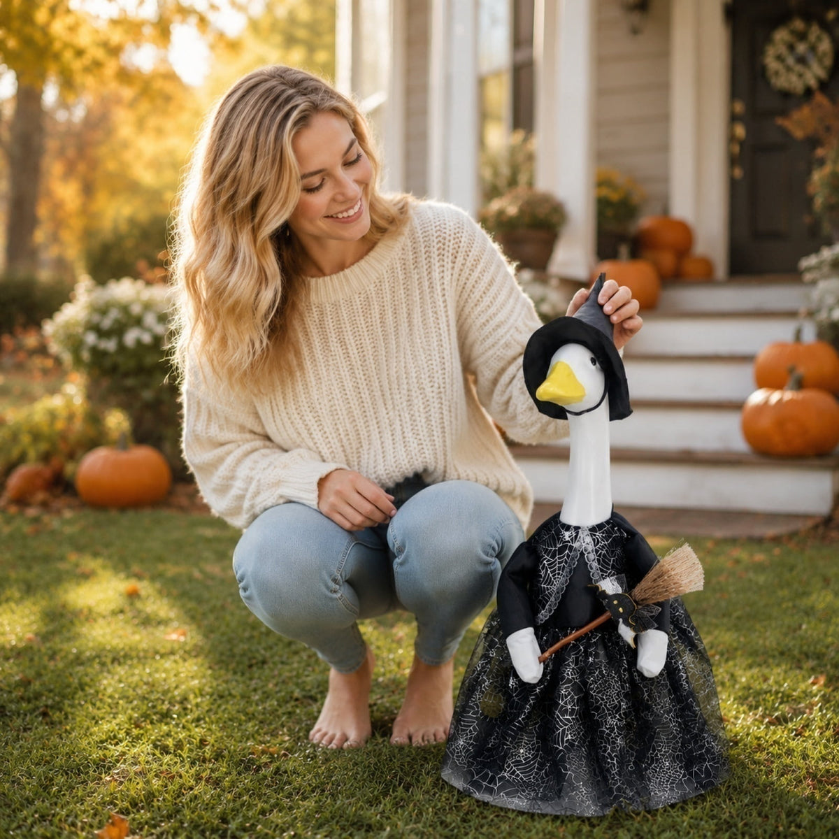 Bat Witch Hat Spiderweb Halloween Goose Clothes Fit 17/23In Cement Plastic Lawn Goose, Stylish Full Set for Outdoor Yard Patio Garden Seasonal Halloween Home Ornamental Arrangement