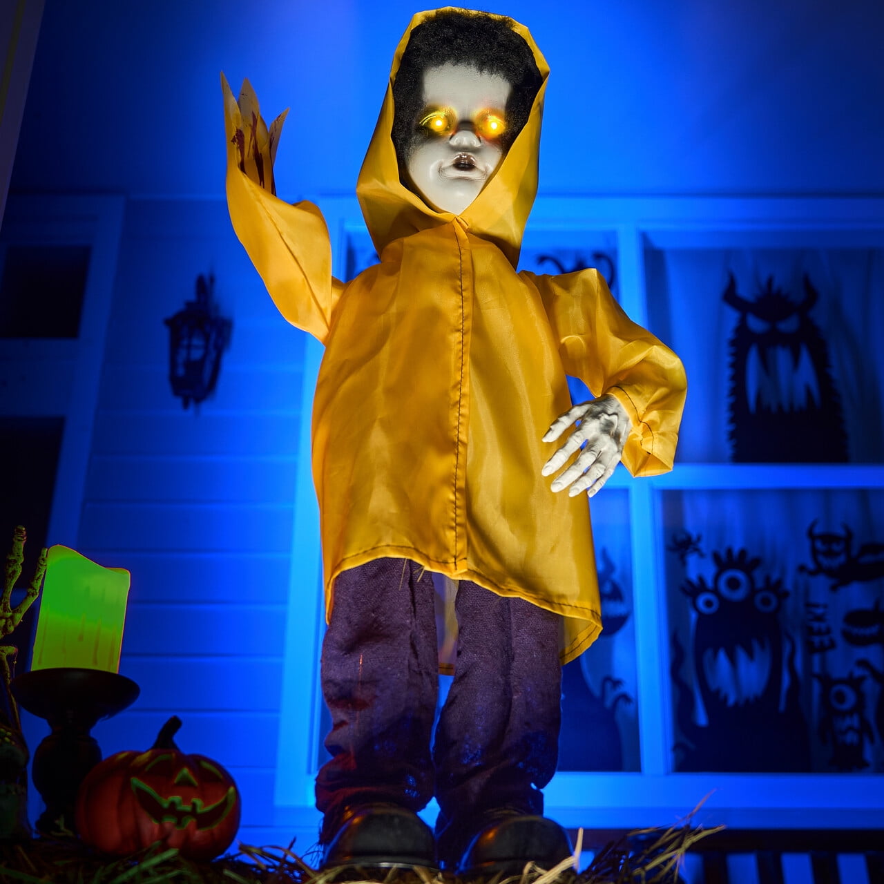 Joyfy 67" Standing Grim Reaper with Chain, Large Halloween Decorations Outdoor, Life Size Animatronics Skelton, Sound-Actived Party Decor with Creepy Sound & LED Eyes, Scary Haunted House Props