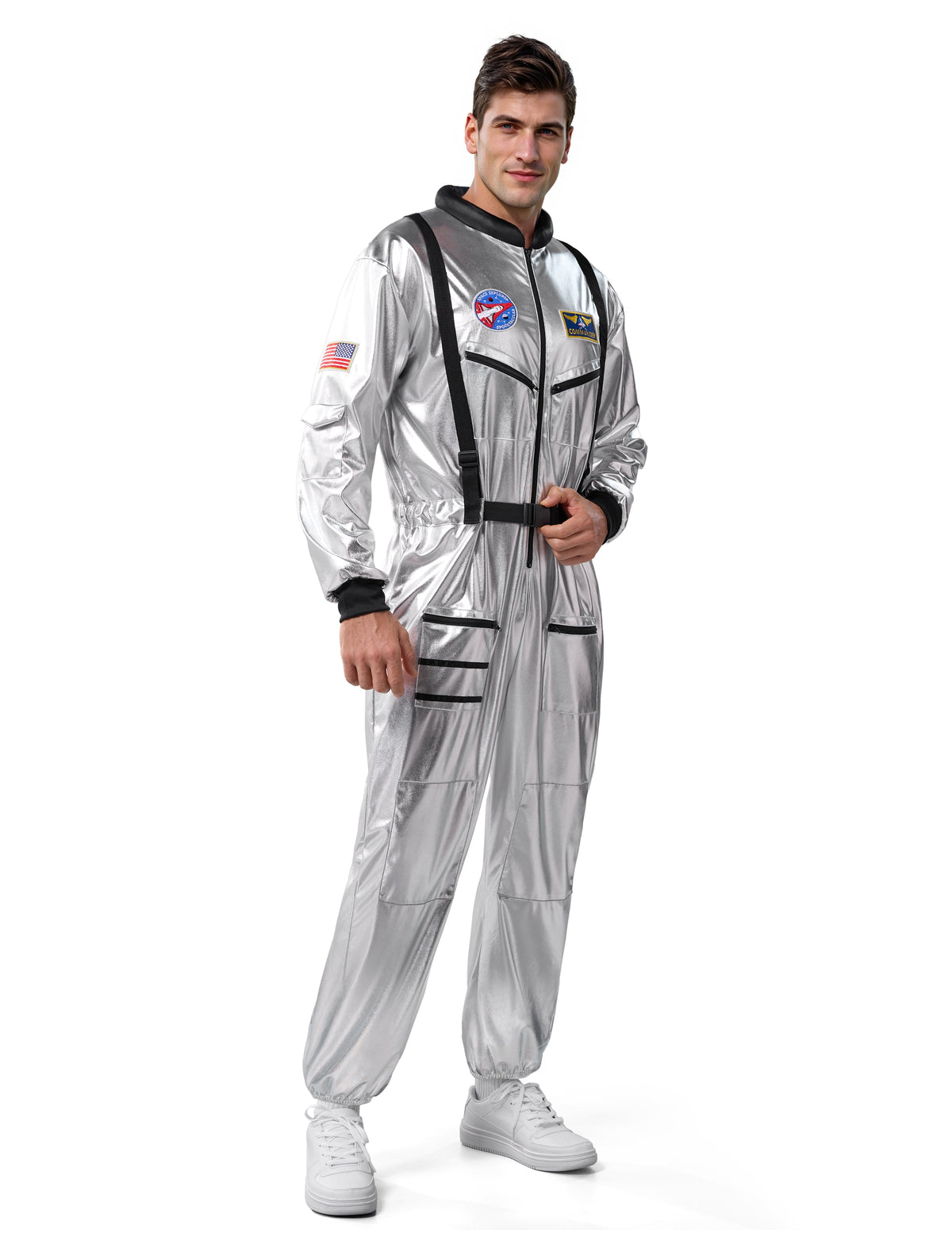Joyfy Adult Men Astronaut Costume Halloween Spaceman Costume Silver Space Suit Spaceman Jumpsuit Pilot Outfit for Halloween Party Cosplay