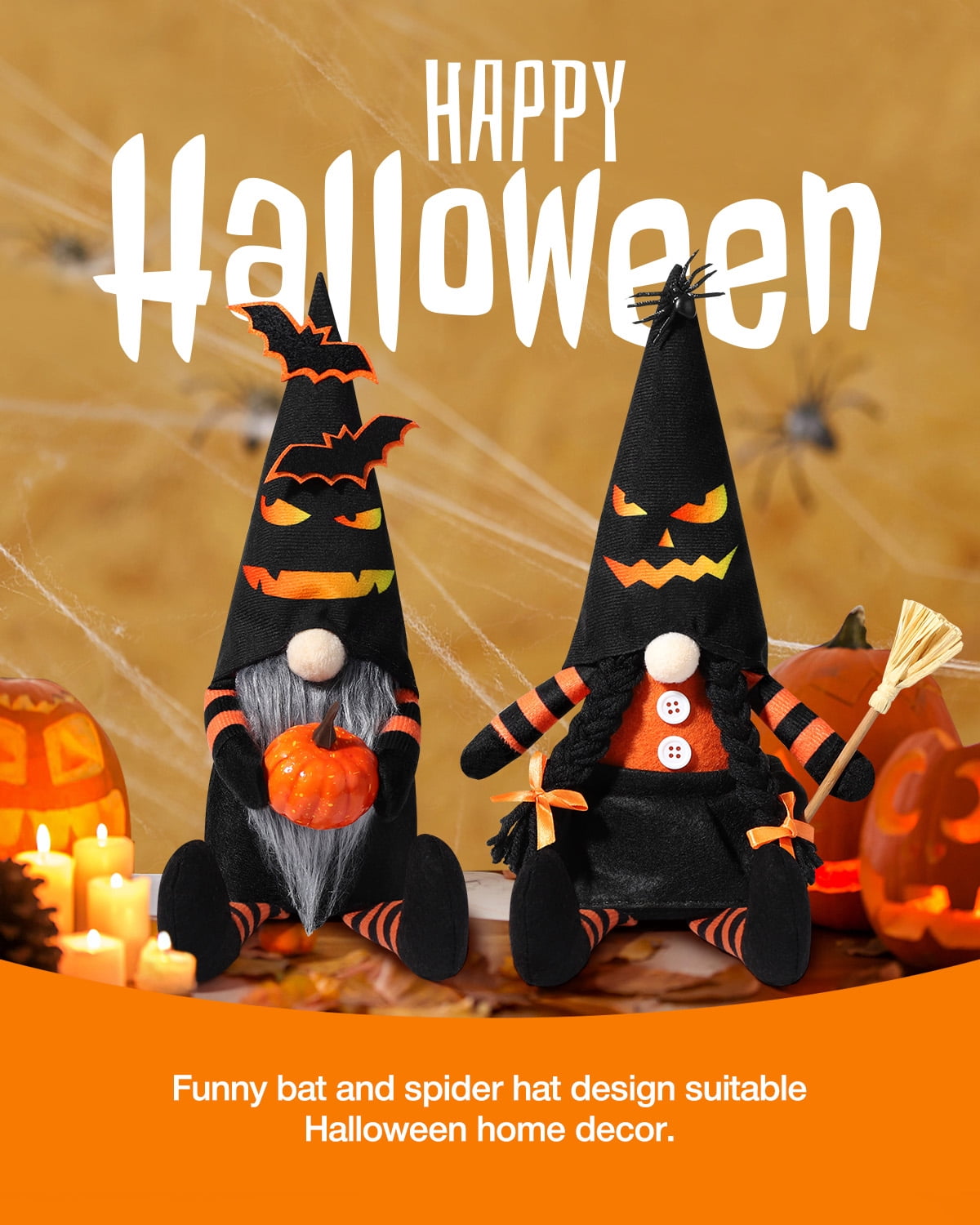 Ayieyill 2 Pack Halloween Gnomes Plush Decor, Halloween Gnome Decoration Gifts, Handmade Tomte Swedish Gnome Nisse Scandinavian Gnomes Orange