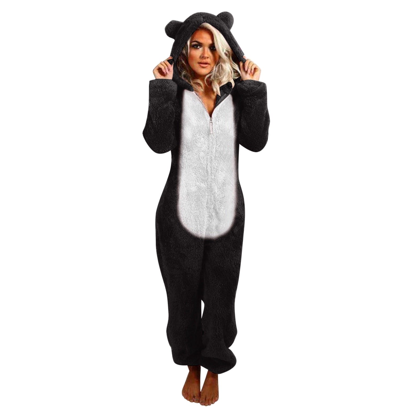 QATAINLAV Sherpa Fleece Jumpsuit for Women Winter Warm Fuzzy Onesie Pajamas Cute Cat Hooded Romper Casual Zip Up Overalls Sleepwear Black XL
