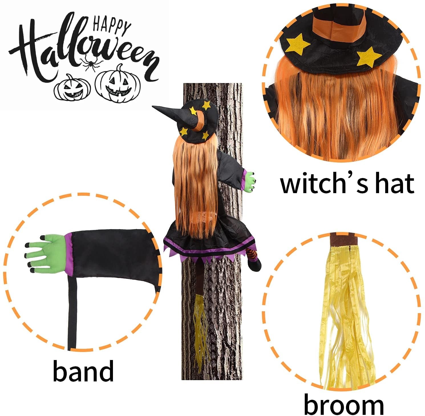 DAKIMOE Halloween Decoration Outdoor Witches Crashing Into Tree with Colorful LED Lights Crashed Witch Props Halloween Hanging Decorations for Indoor House Outdoor Yard Patio Decor 44''x33'' Orange