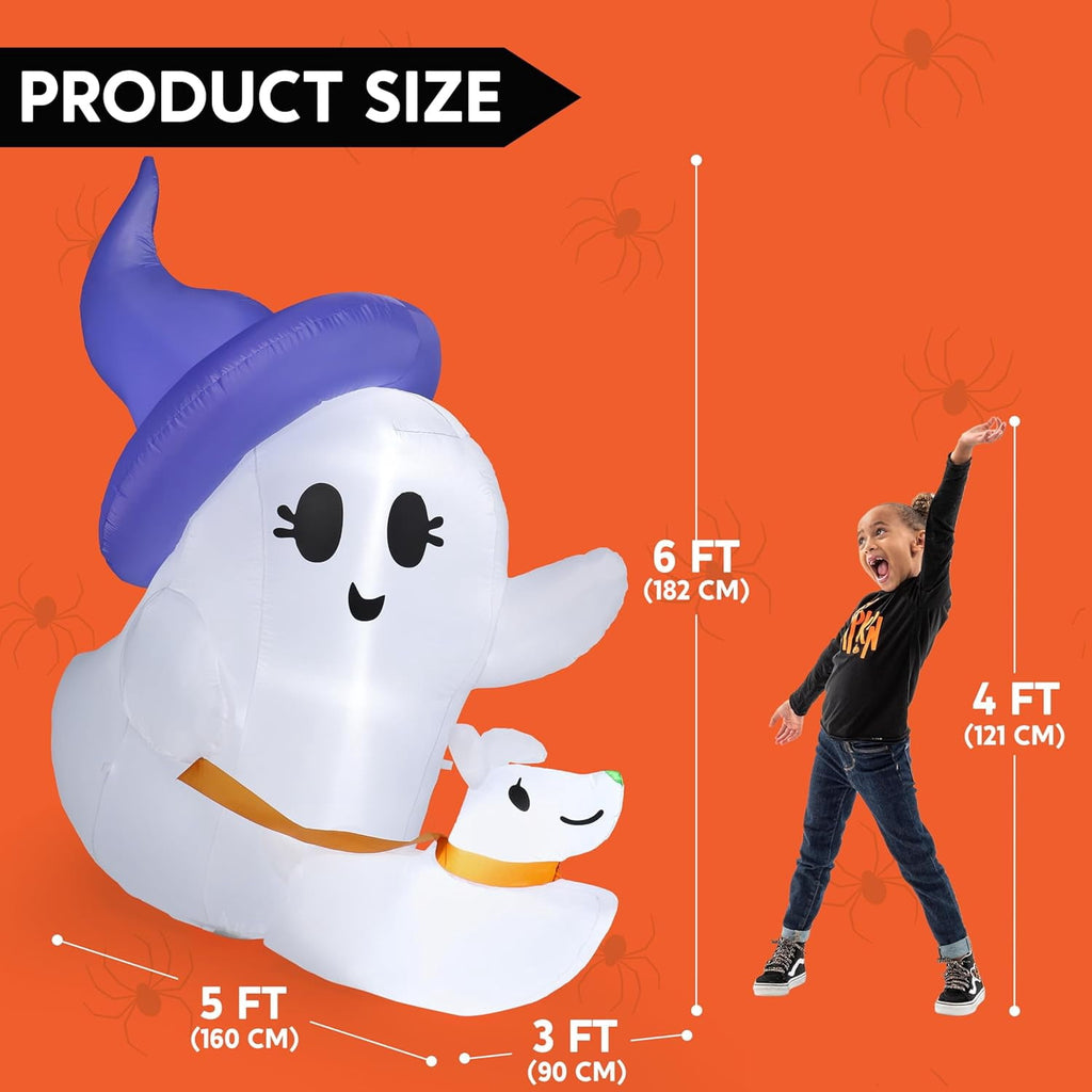 Joyfy 5ft Halloween Inflatables Light up Cute Ghost,Blow Up Ghost Lift Pumpkin Candy Bag with Build-in LEDs for Yard Decorations