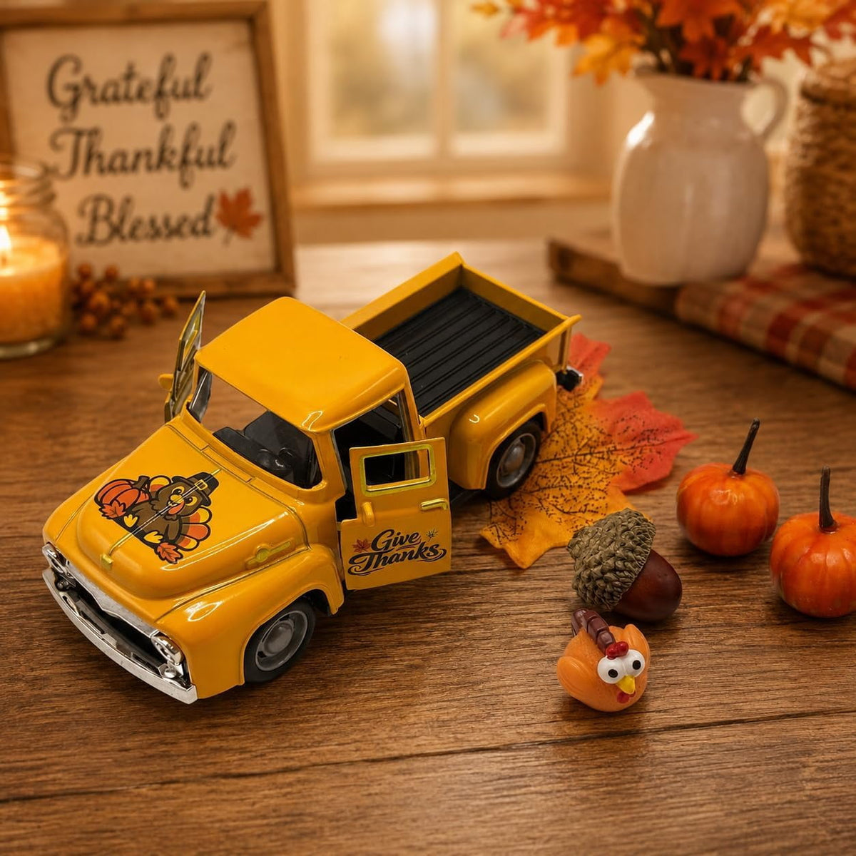 Molumo Halloween Truck Decor - Vintage Pink Pickup Truck with Ghost and Pumpkin Figurines for Halloween Home Tiered Tray Holiday Party Decoration