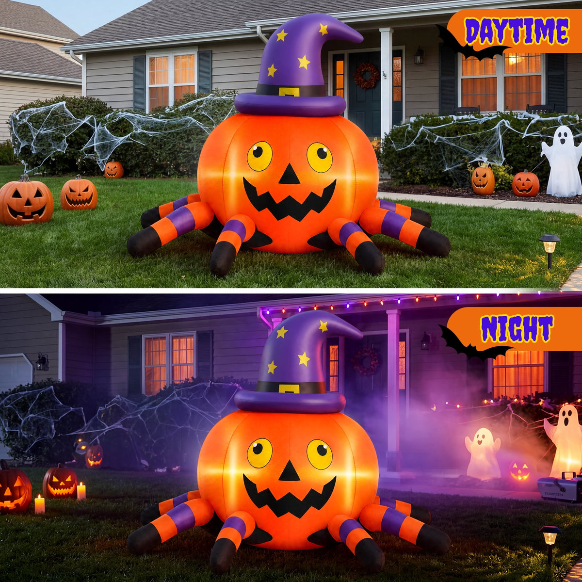 Firstness 6.2FT Halloween Inflatable Decorations Pumpkin Spider with LED Lights, Halloween Blow Ups for Yard Party