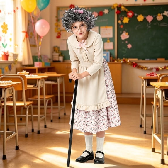 Girls Old Lady Costume 10Pcs Set - 100 Days of School Halloween Costume Grandma Dress Up Granny Outfit