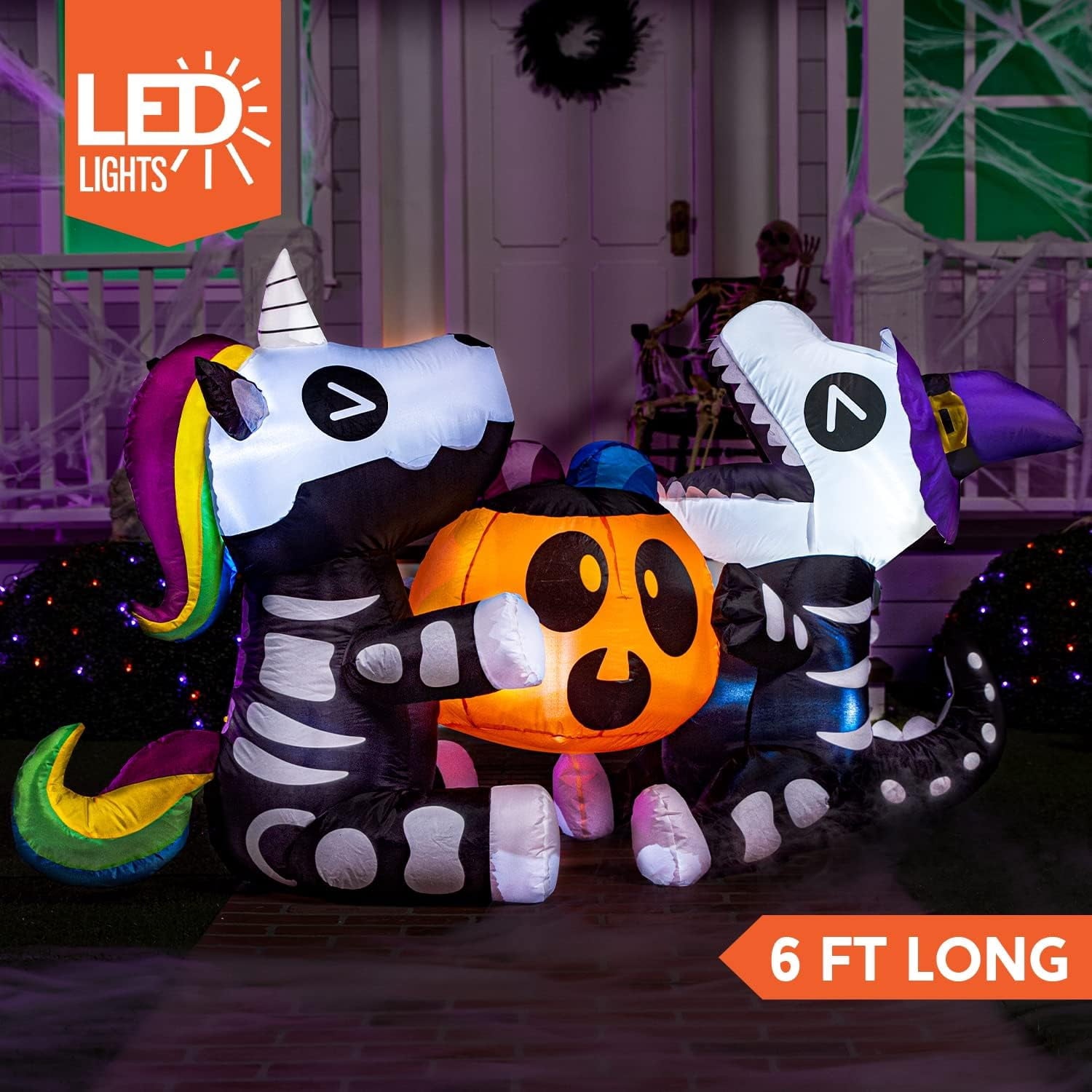 Joyfy 8 FT Halloween Inflatable Skeleton Dinosaur with Build-in LEDs Pumpkin Decorations,Halloween Outdoor Decorations Blow up Yard Decorations