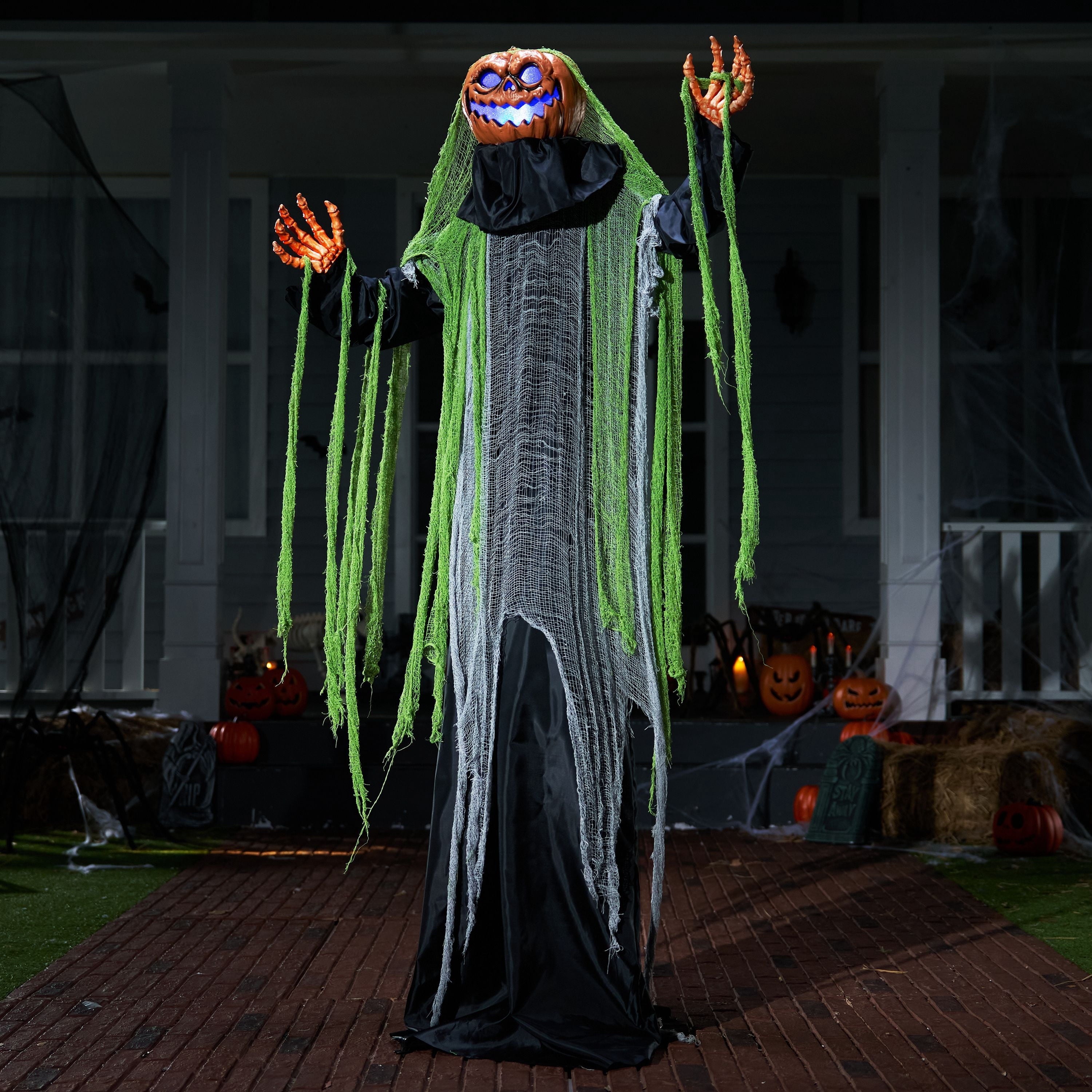 Joyfy 67" Standing Grim Reaper with Chain, Large Halloween Decorations Outdoor, Life Size Animatronics Skelton, Sound-Actived Party Decor with Creepy Sound & LED Eyes, Scary Haunted House Props