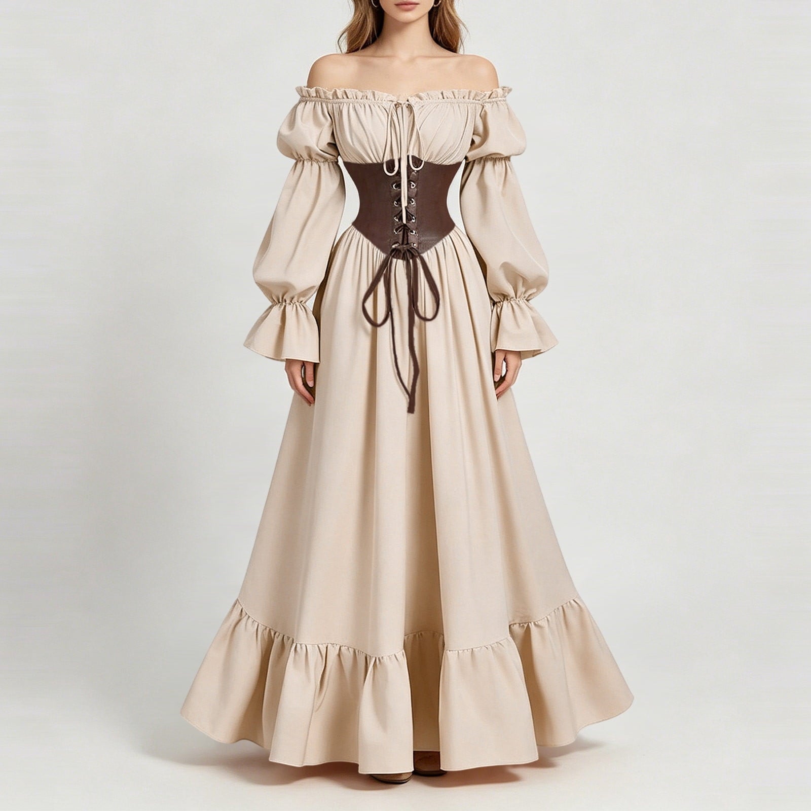 QATAINLAV Renaissance Costume Women Vintage Medieval Dress Cold Shoulder Short Sleeve Peasant Pirate Irish Maxi Dresses, Black, L