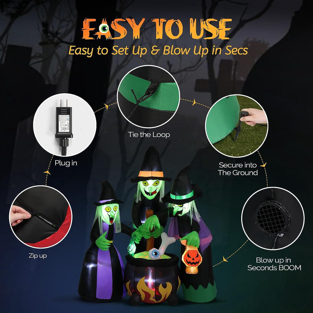VINGLI 6FT High Halloween Inflatables Outdoor Decorations, Blow Up Scary 3 Witches Halloween Yard Decorations, Built-in LED Lights Décor for Indoor Home Party Garden Lawn Store