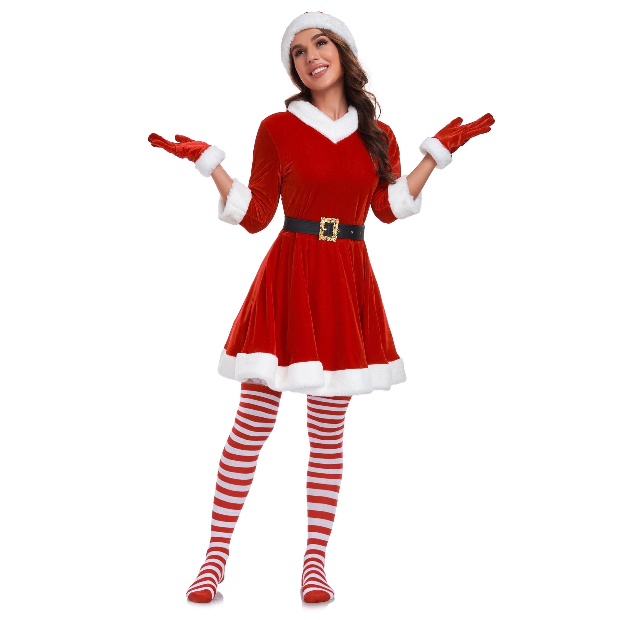 Women Christmas santa Set 5 Piece Sexy Santa Red Dress with Hat Belt Gloves and Socks
