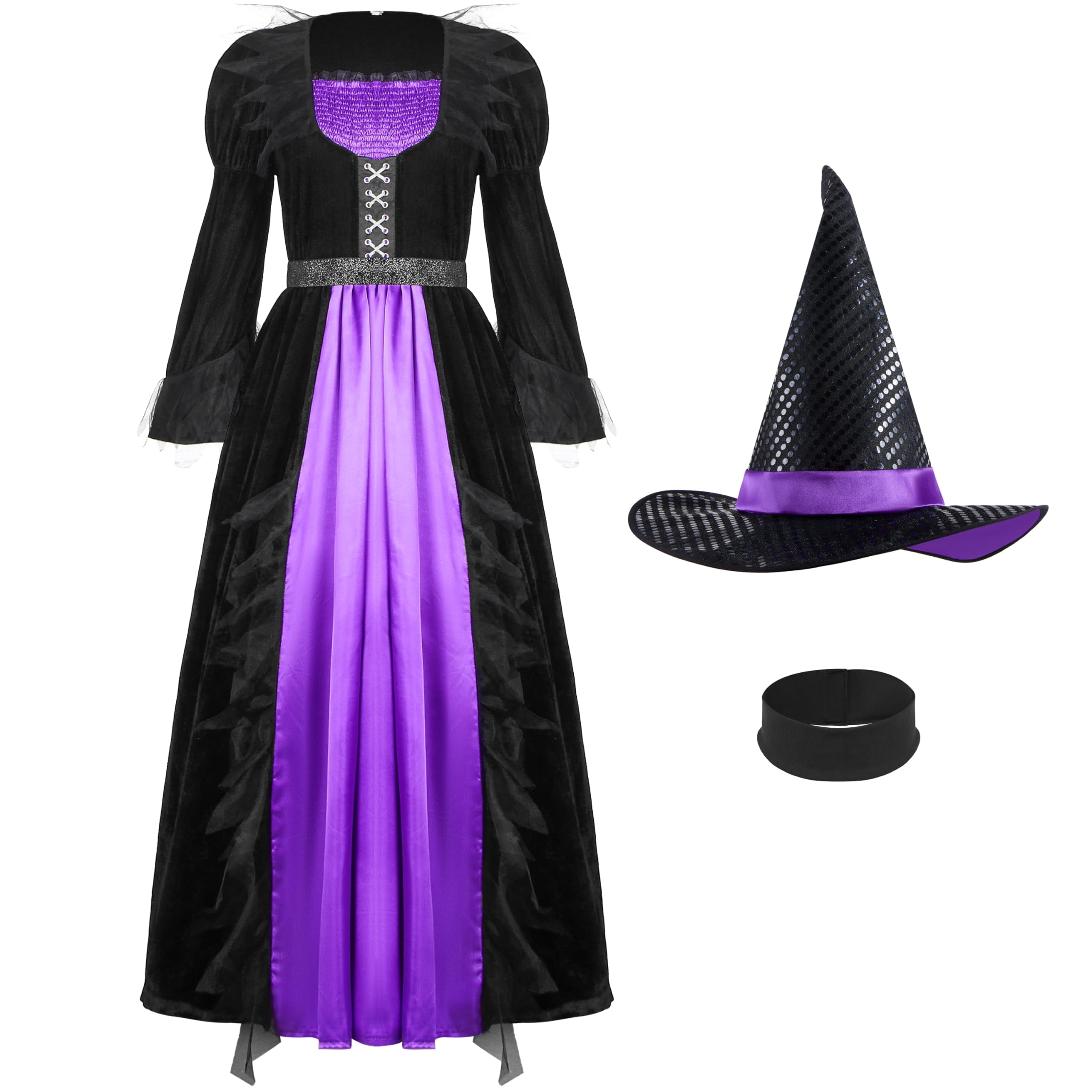 Joyfy Witch Costume for Women, Starry Witch Dress with Belt Hat for Adult Halloween Party Cosplay Dress up