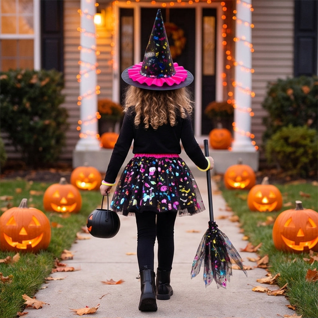choiix Witch Tutu Skirt and Hat Set with Broomstick Halloween Costume Outfit with Printed Tulle Skirt and Witch Hat Cosplay Outfit for Party 100