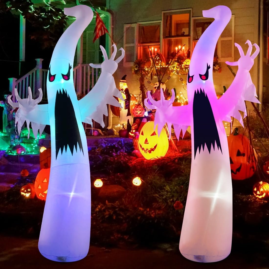 GOOSH 6 FT Height Halloween Inflatable Outdoor Colorful Dimming Ghost, Blow Up Yard Decoration Clearance with LED Lights Built-in for Holiday/Party/Yard/Garden