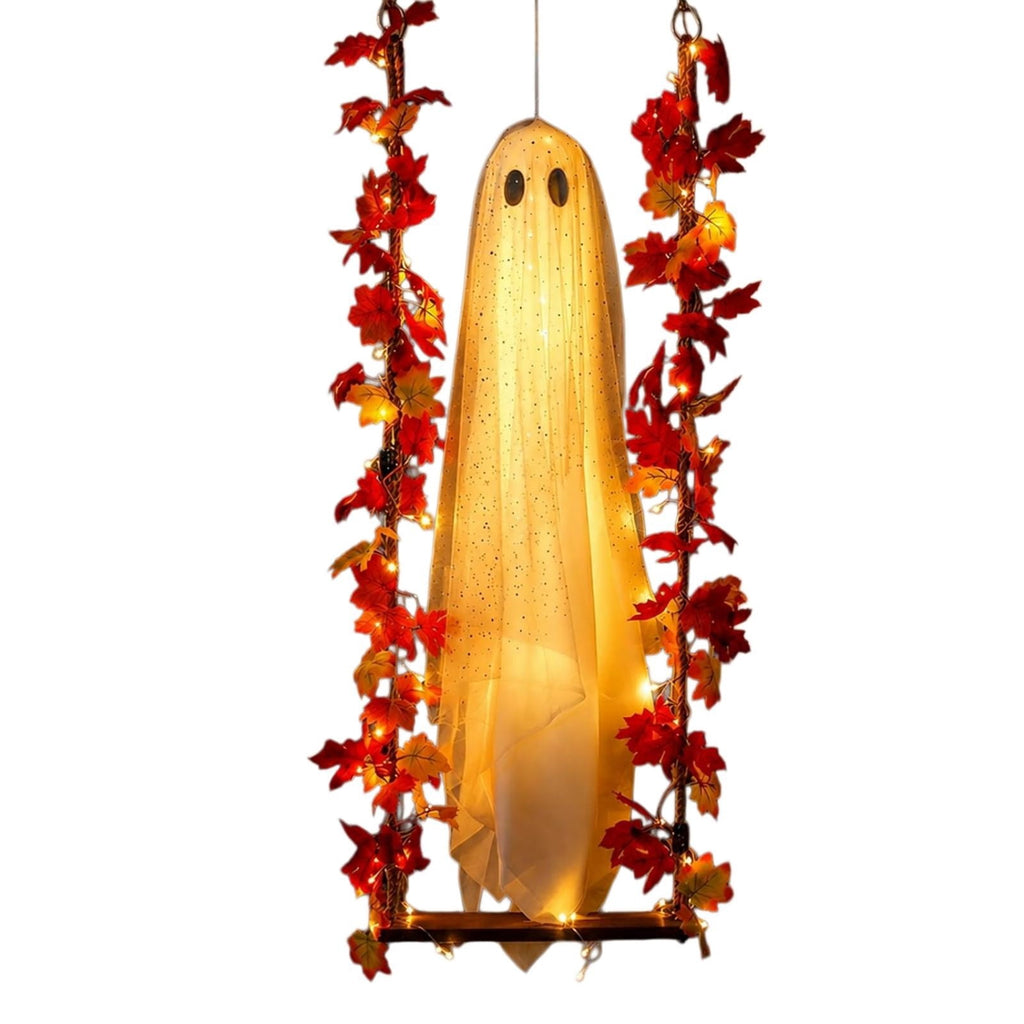 Clearance 5 FT Hanging Ghost Decor,Early Halloween Decorations Light-Up Flying Ghost on Broomstick with Witch Hat, Witch Broom, Spooky Cute Outdoor Halloween Decorations for Front Porch Yard Tree