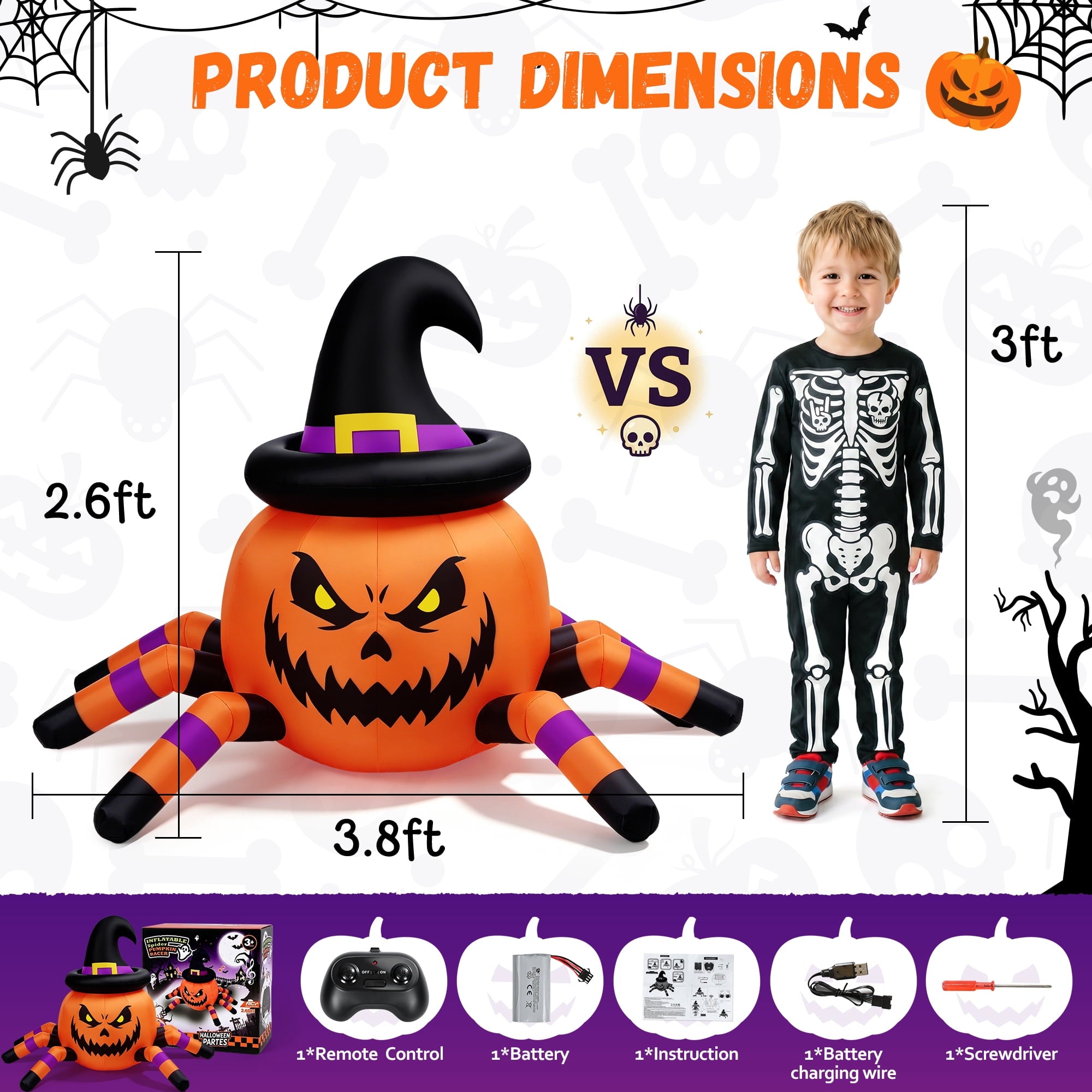 Firstness 2.6ft Remote Control Halloween Inflatable with Music Lights,Pumpkin Spider Car Blow ups Rc Car,Indoor Outdoor Decorations